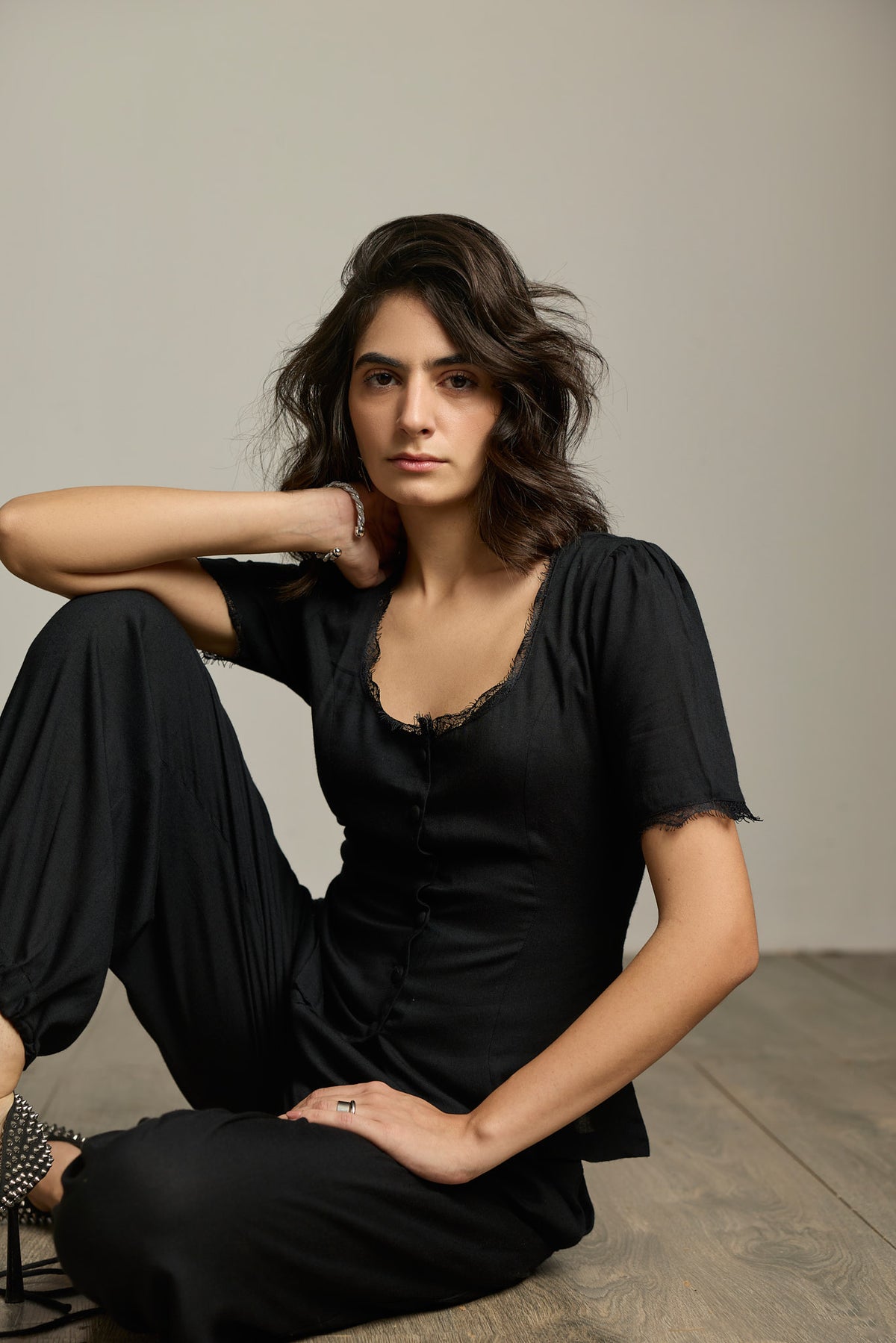 Black Lace-Trim Viscose Rayon Square Neck Top