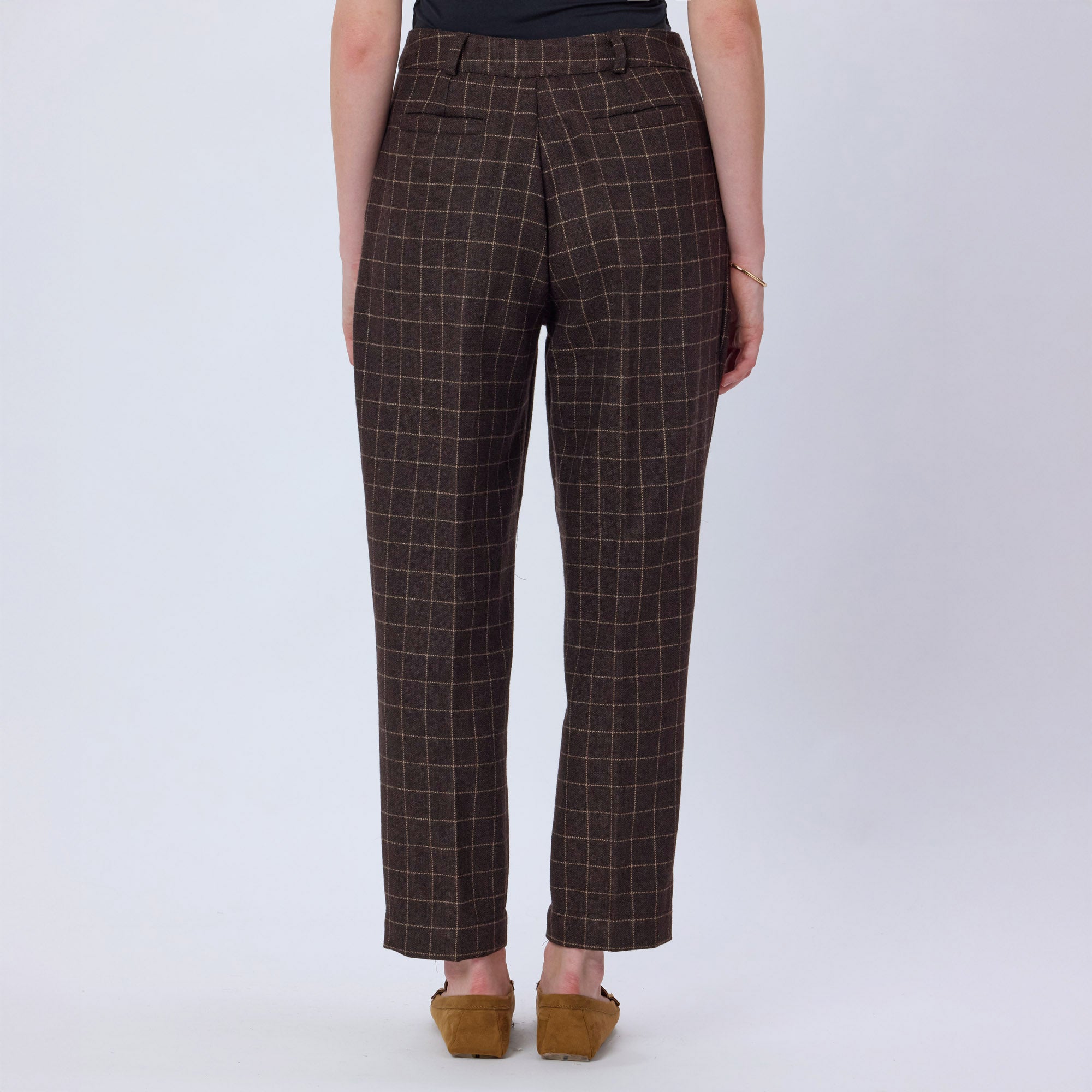 BROWN CHECKED WOOL TWEED PANTS