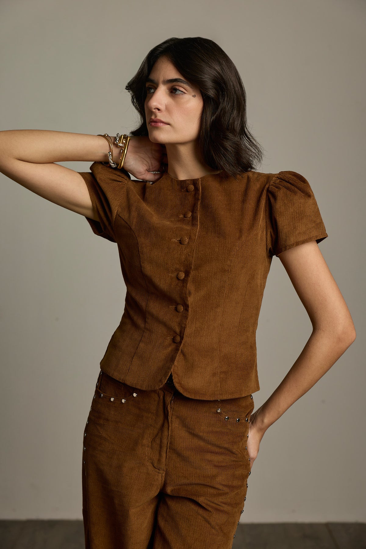 Brown Cotton Corduroy Puff Sleeve Top