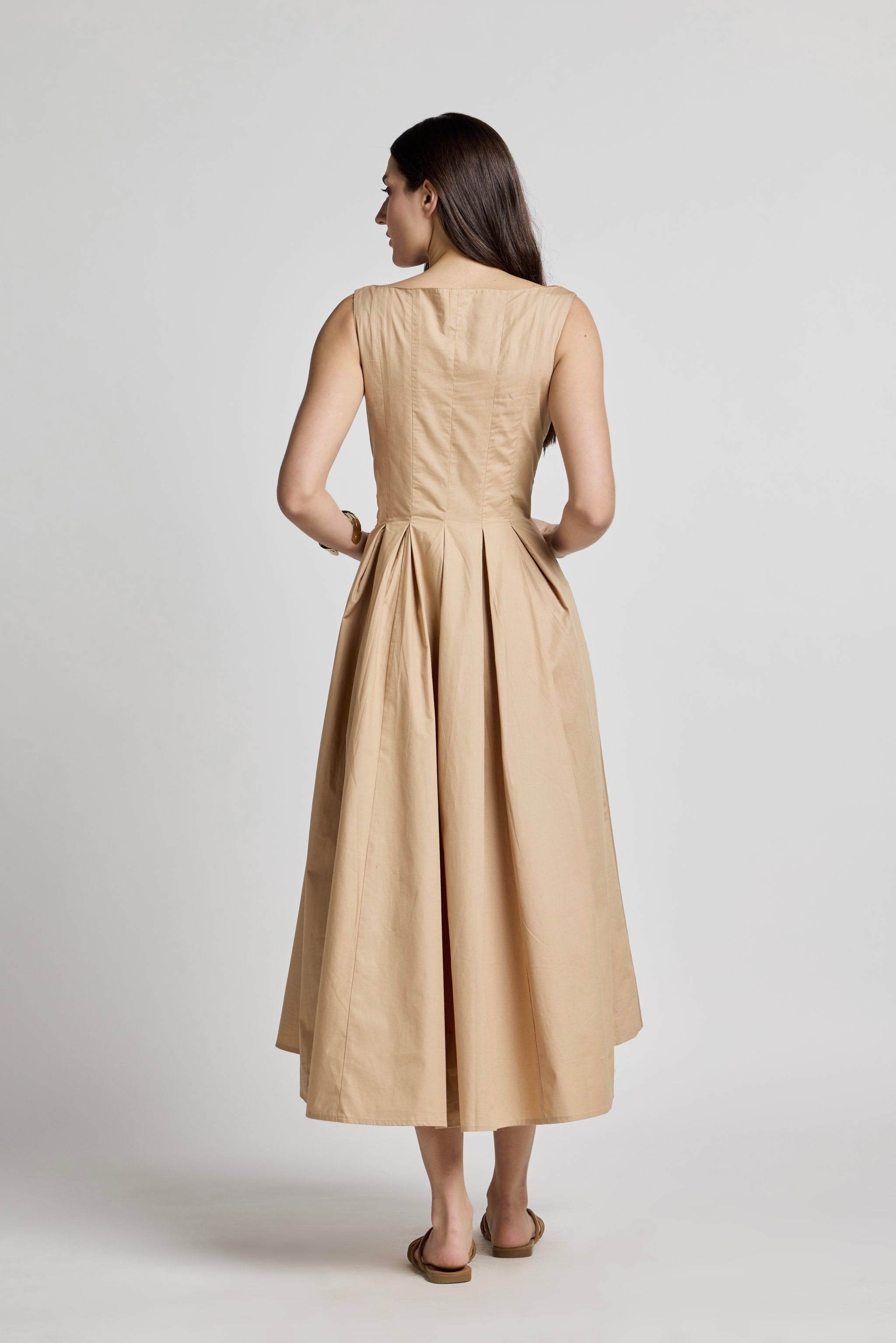 Beige Cotton Square Neck Dress