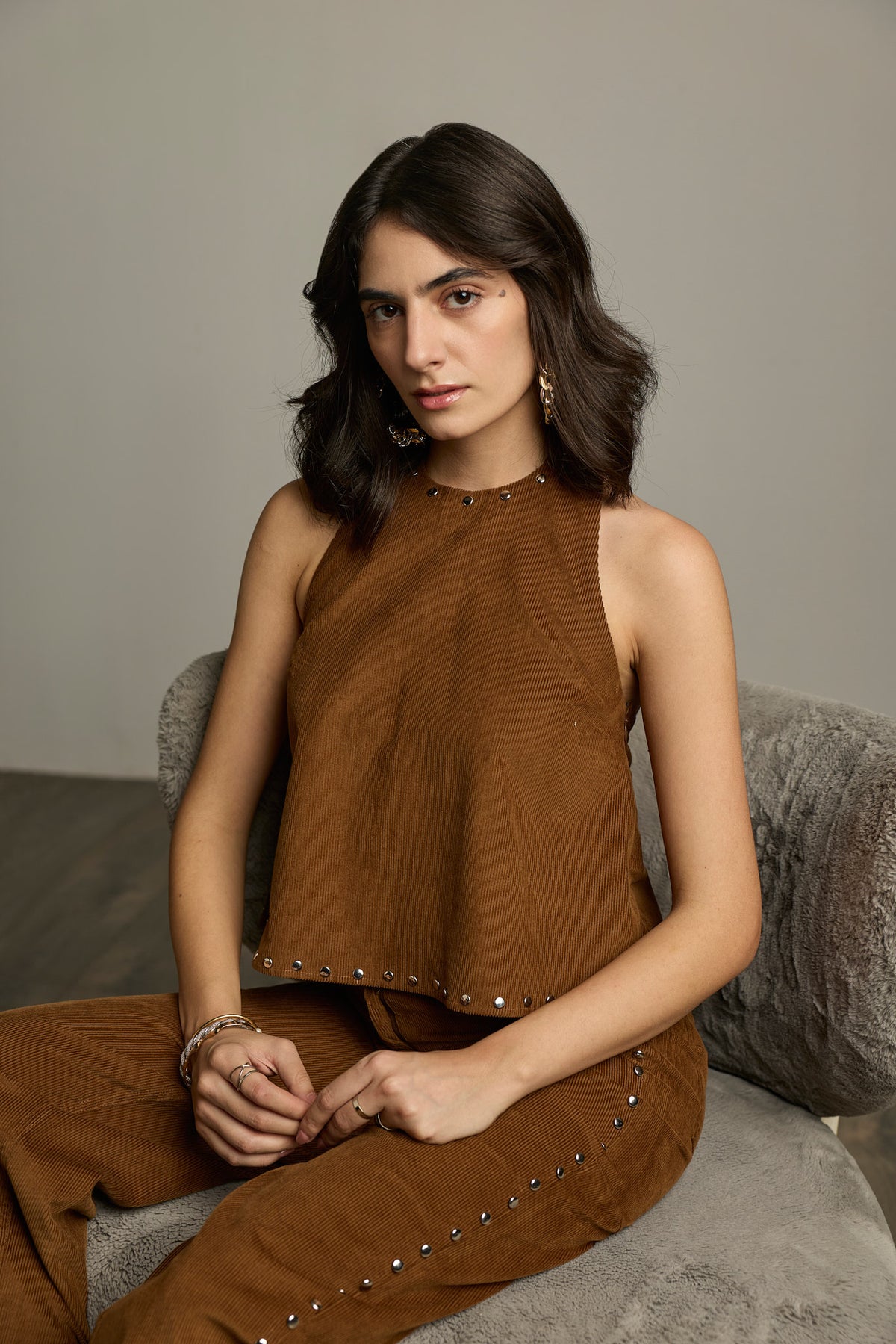 Brown Cotton Corduroy Studded Halter Top