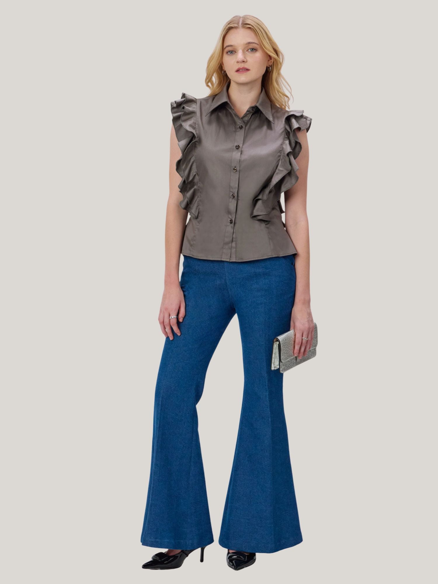 CHARCOAL GREY COTTON RUFFLE SHIRT