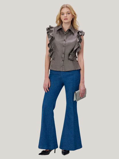 CHARCOAL GREY COTTON RUFFLE SHIRT