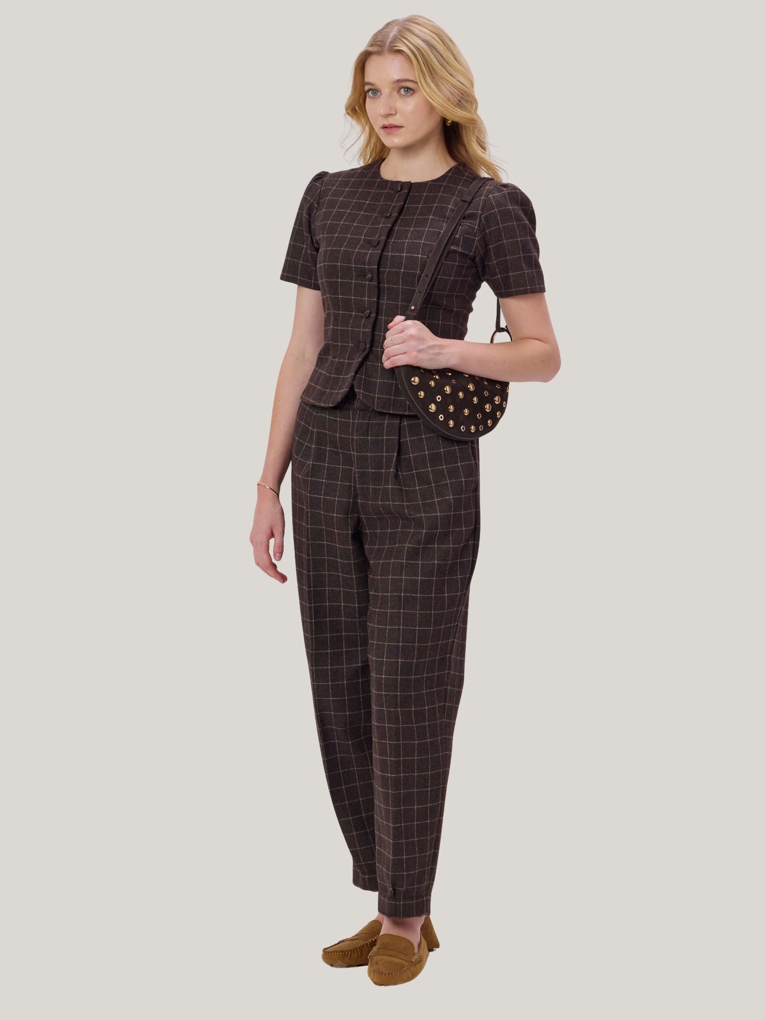 BROWN CHECKED WOOL TWEED PANTS