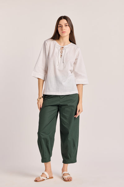 White Cotton Linen Drawstring Top