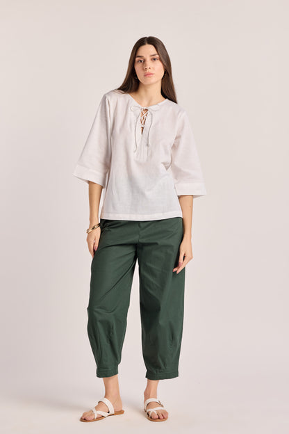 White Cotton Linen Drawstring Top