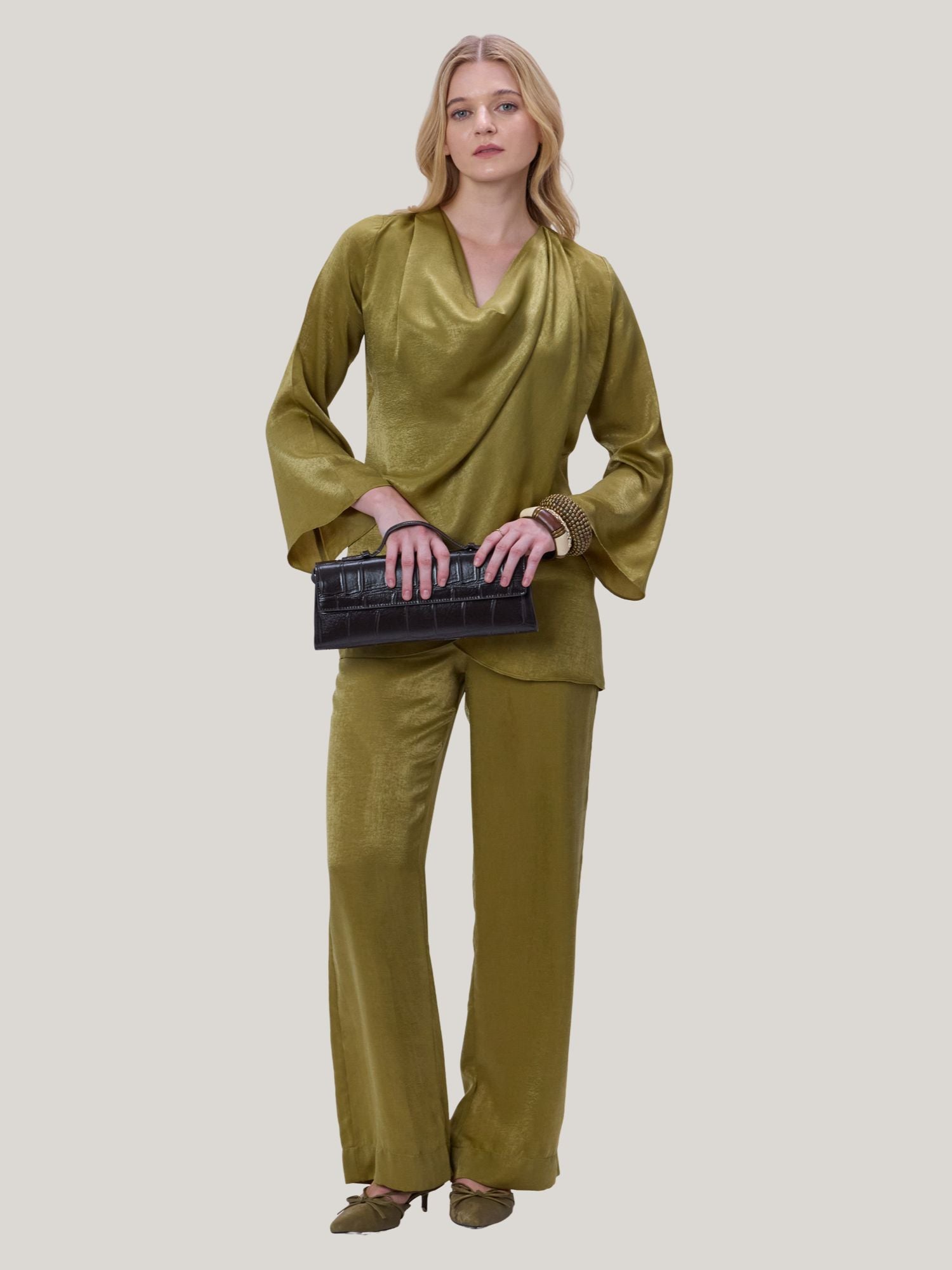 GOLDEN SATIN COWL NECK TOP