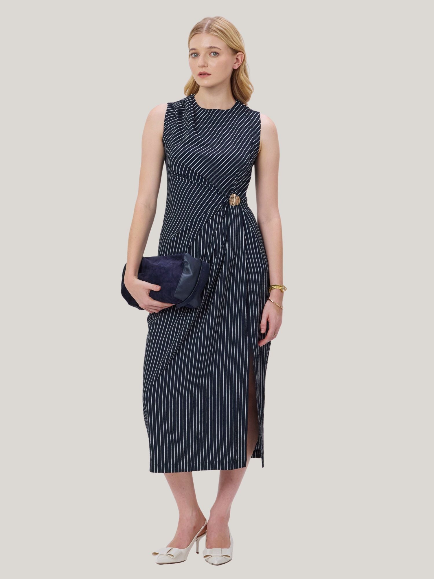 MIDNIGHT BLUE & WHITE STRIPED MIDI DRESS WITH BROOCH