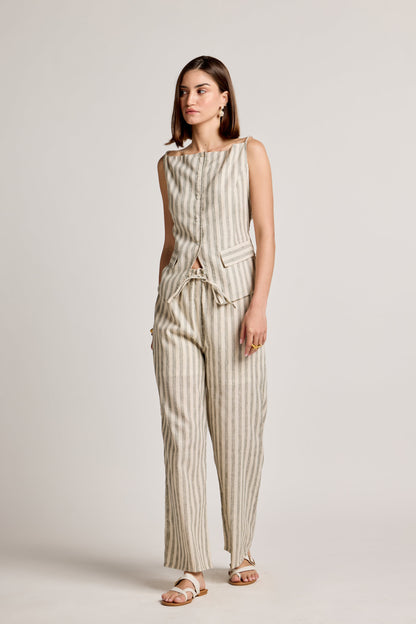 Green and White Striped Linen Waistcoat