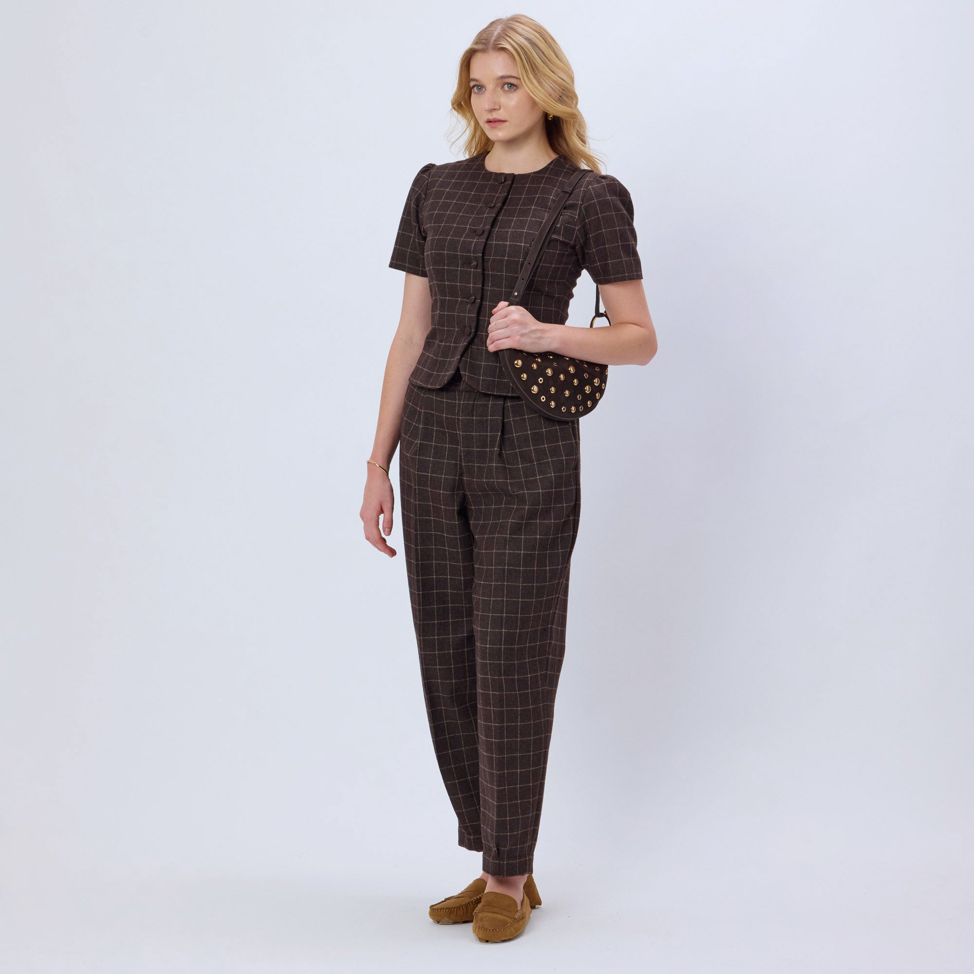 BROWN CHECKED WOOL TWEED PANTS