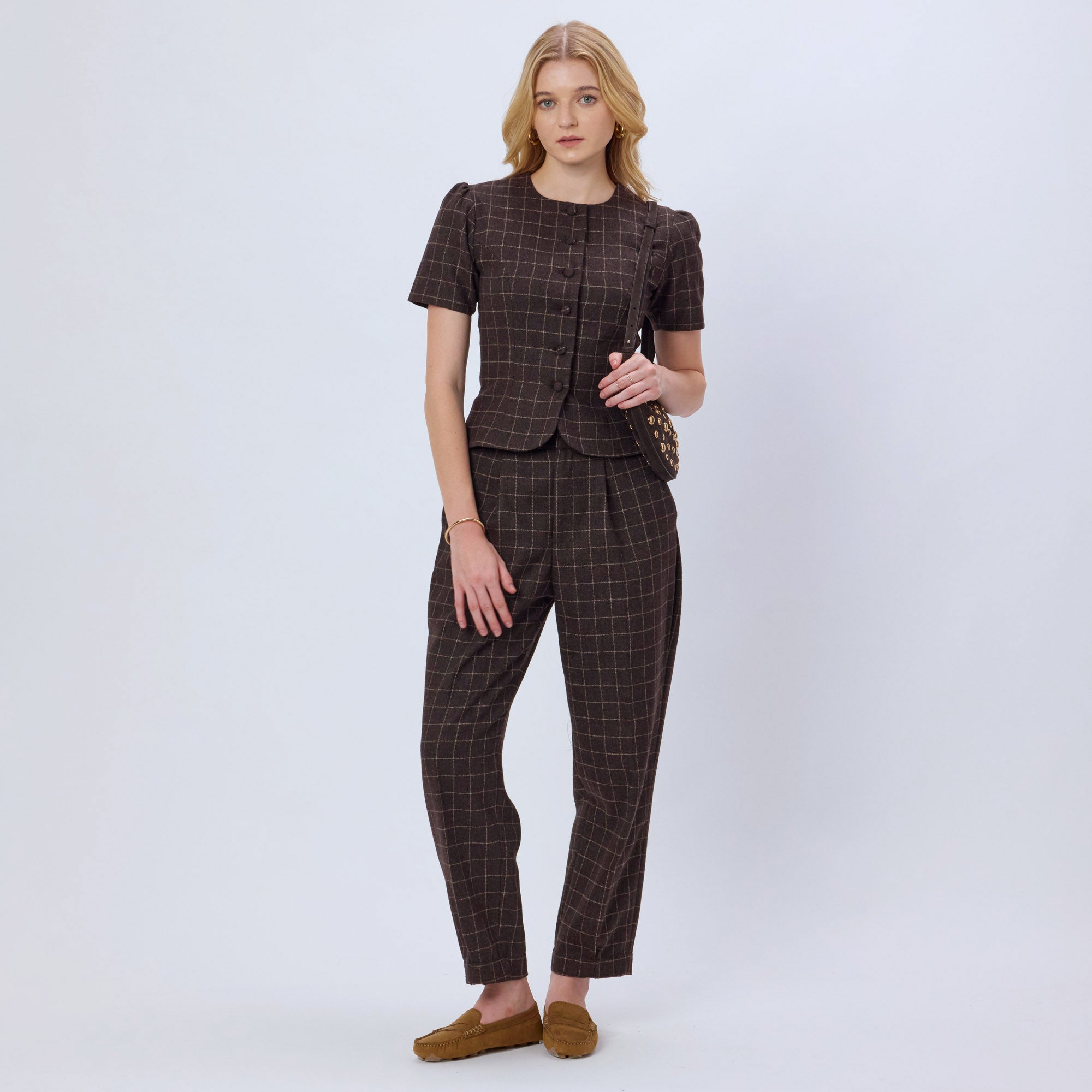 BROWN CHECKED WOOL TWEED TOP