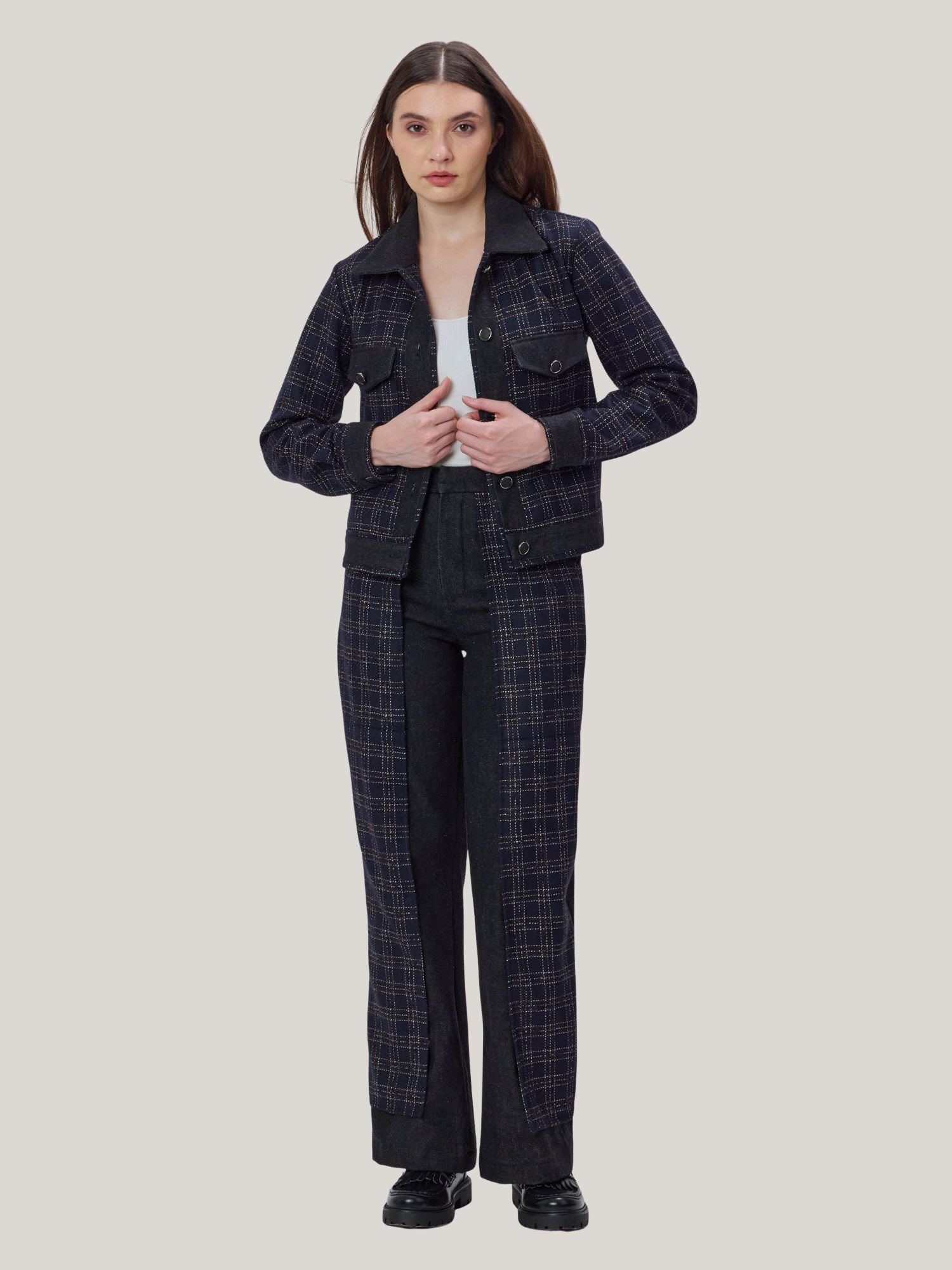 DENIM AND CHECKS TWEED PANTS