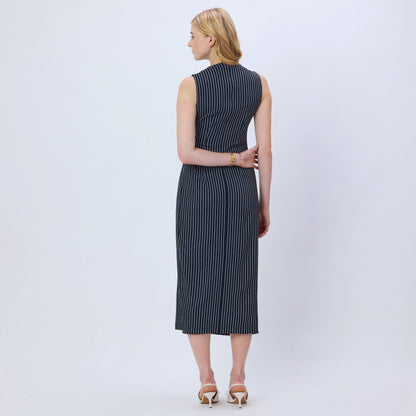 MIDNIGHT BLUE & WHITE STRIPED MIDI DRESS WITH BROOCH