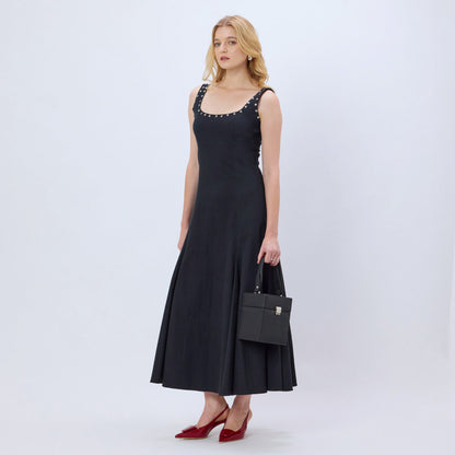 BLACK STUDDED COTTON BLEND MAXI DRESS