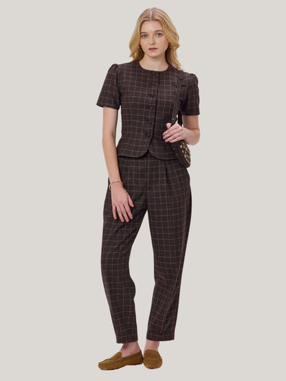 BROWN CHECKED WOOL TWEED TOP
