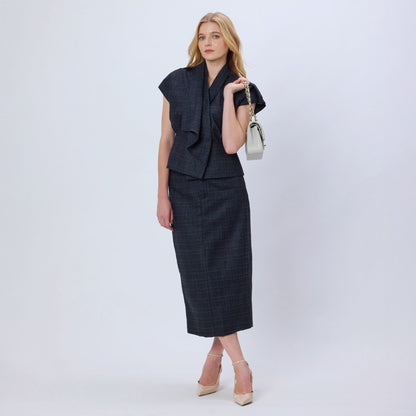 BLUE CHECKED WOOL TWEED SKIRT