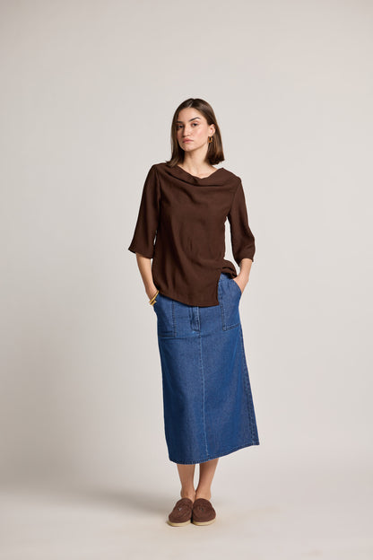 Indigo Button-Front Denim Midi Skirt