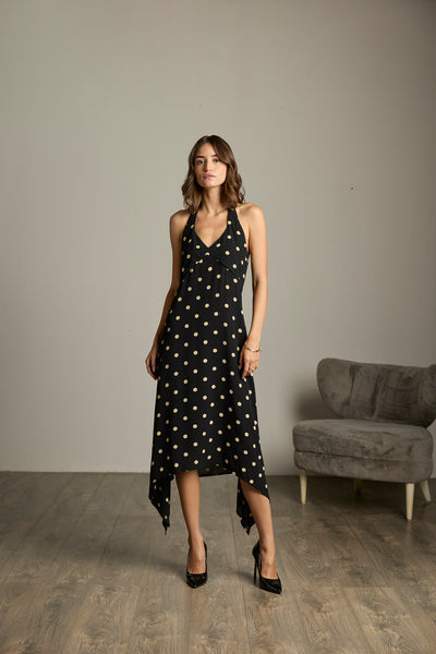 Black & Cream Polka Halter Maxi Dress