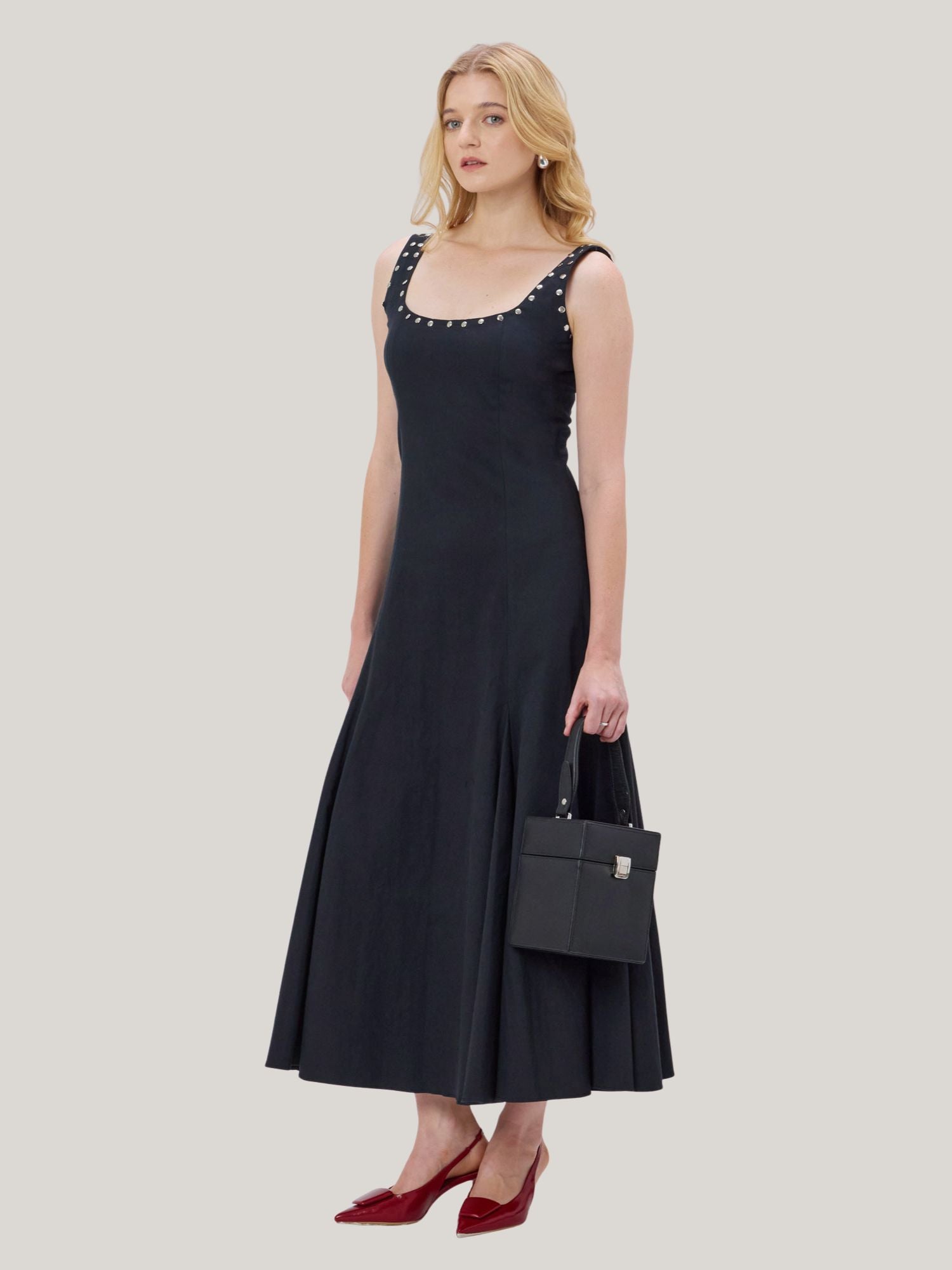BLACK STUDDED COTTON BLEND MAXI DRESS