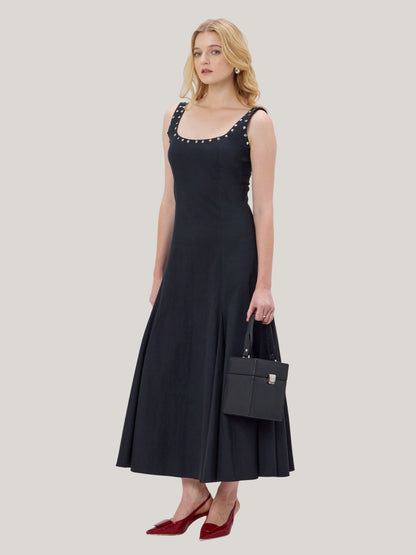 BLACK STUDDED COTTON BLEND MAXI DRESS