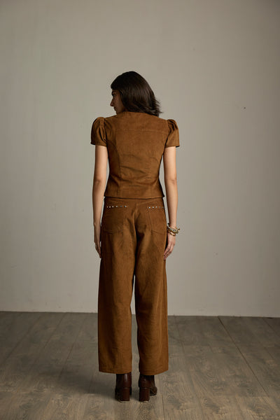 Brown Cotton Corduroy Puff Sleeve Top