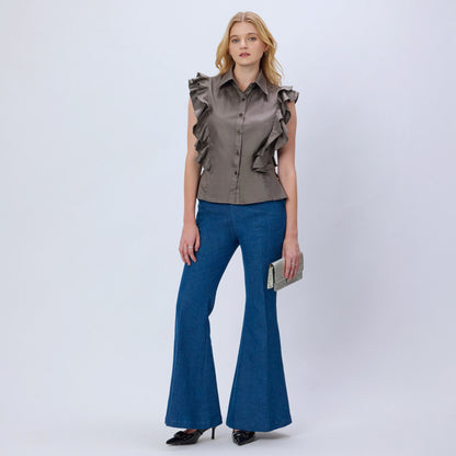 CHARCOAL GREY COTTON RUFFLE SHIRT