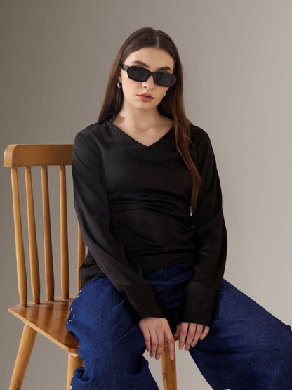 BLACK SATIN COLLARED TOP