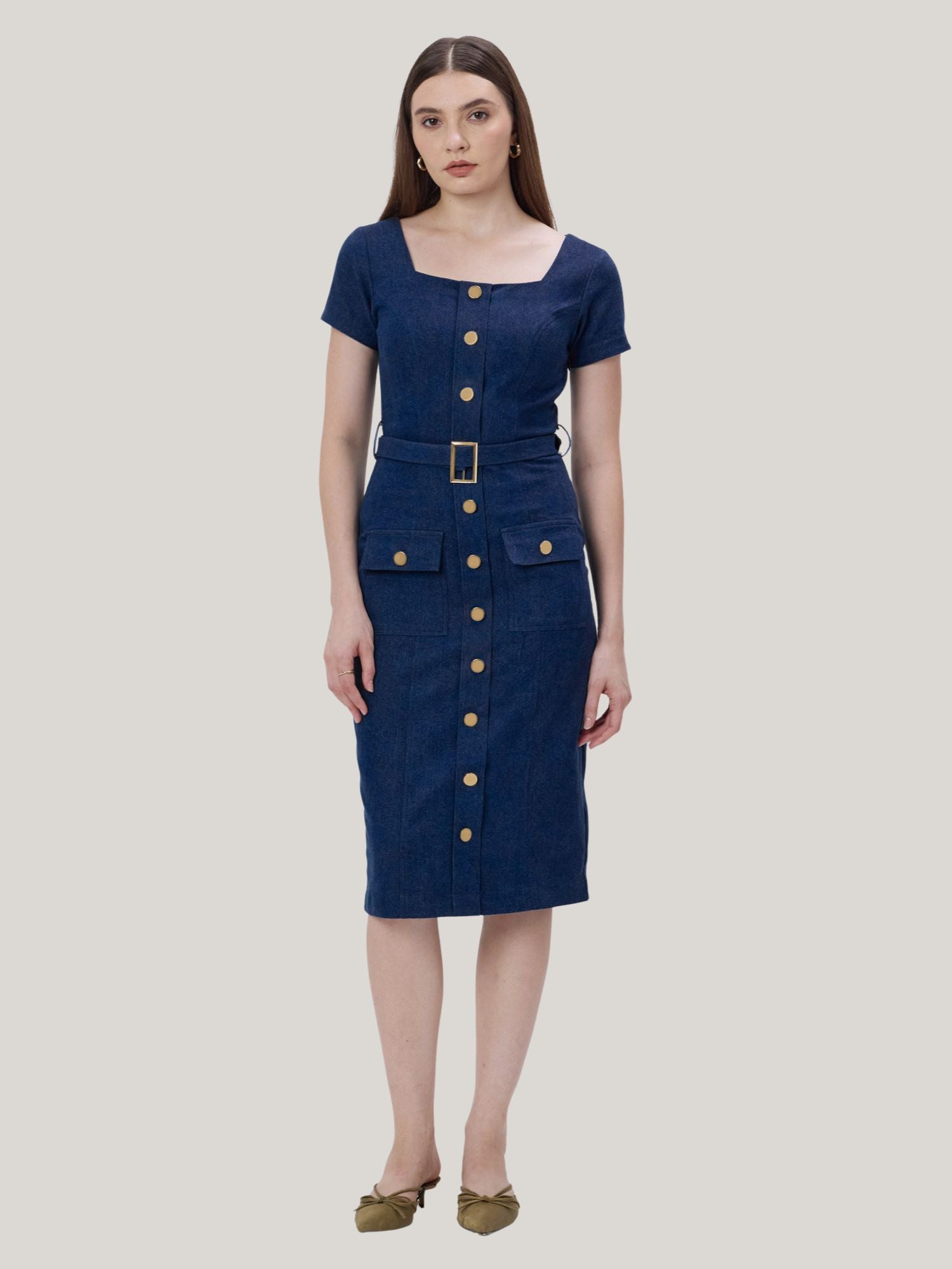 DARK BLUE DENIM MIDI DRESS