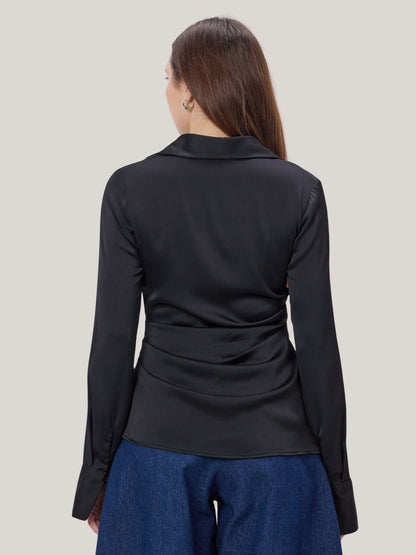 BLACK SATIN COLLARED TOP