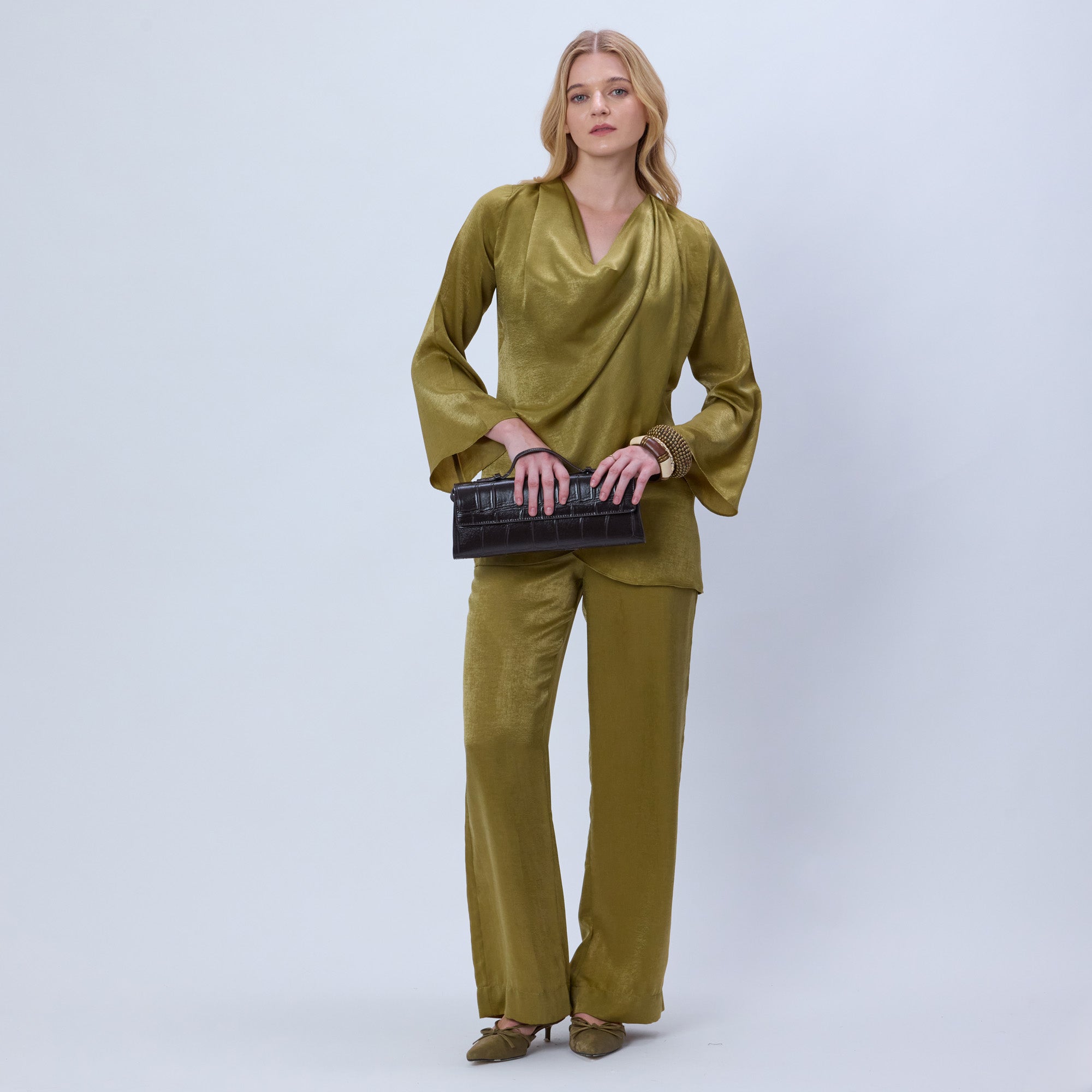 GOLDEN SATIN COWL NECK TOP