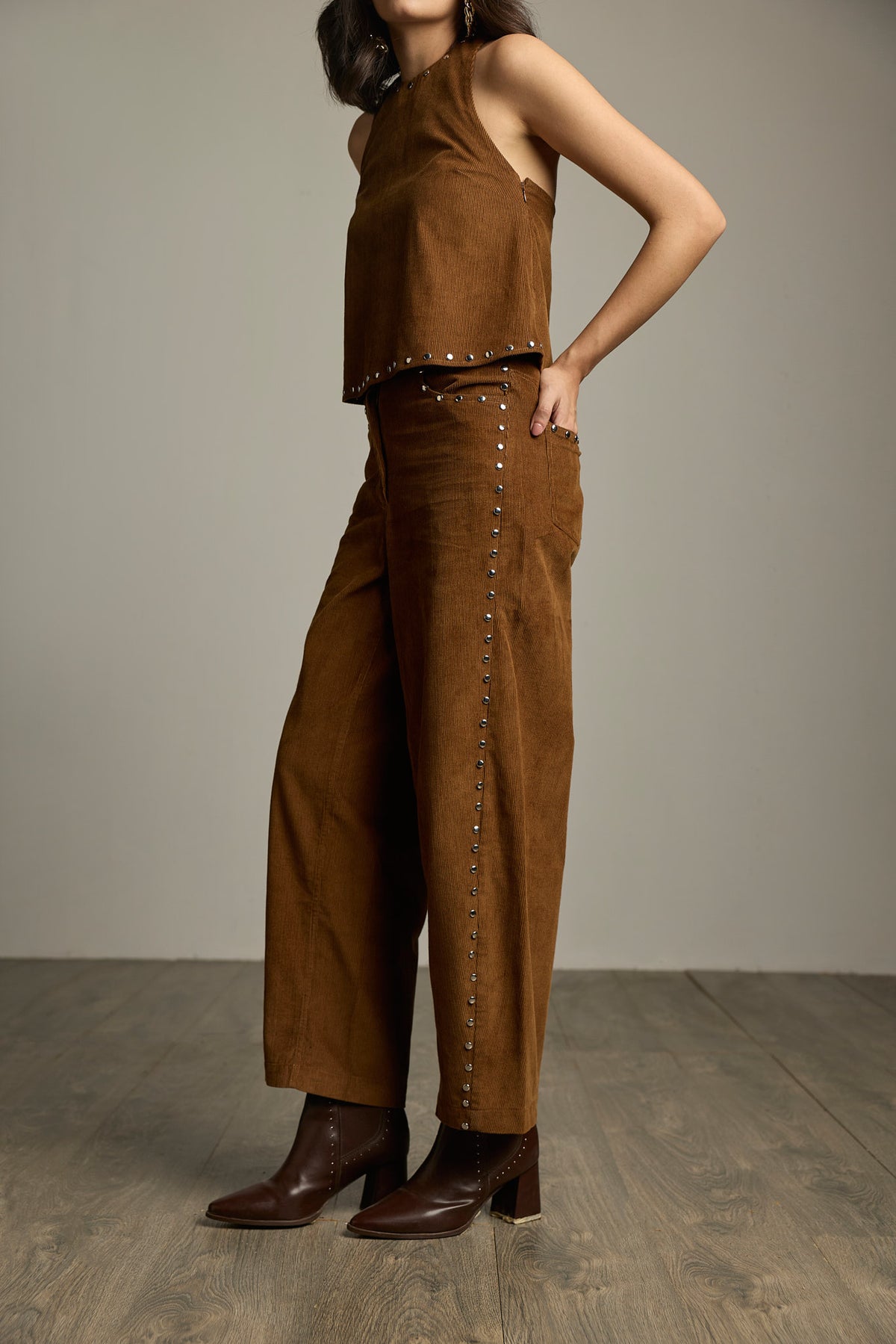 Brown Cotton Corduroy Studded Barrel-Leg Trousers