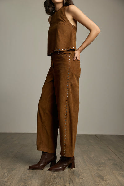 Brown Cotton Corduroy Studded Barrel-Leg Trousers