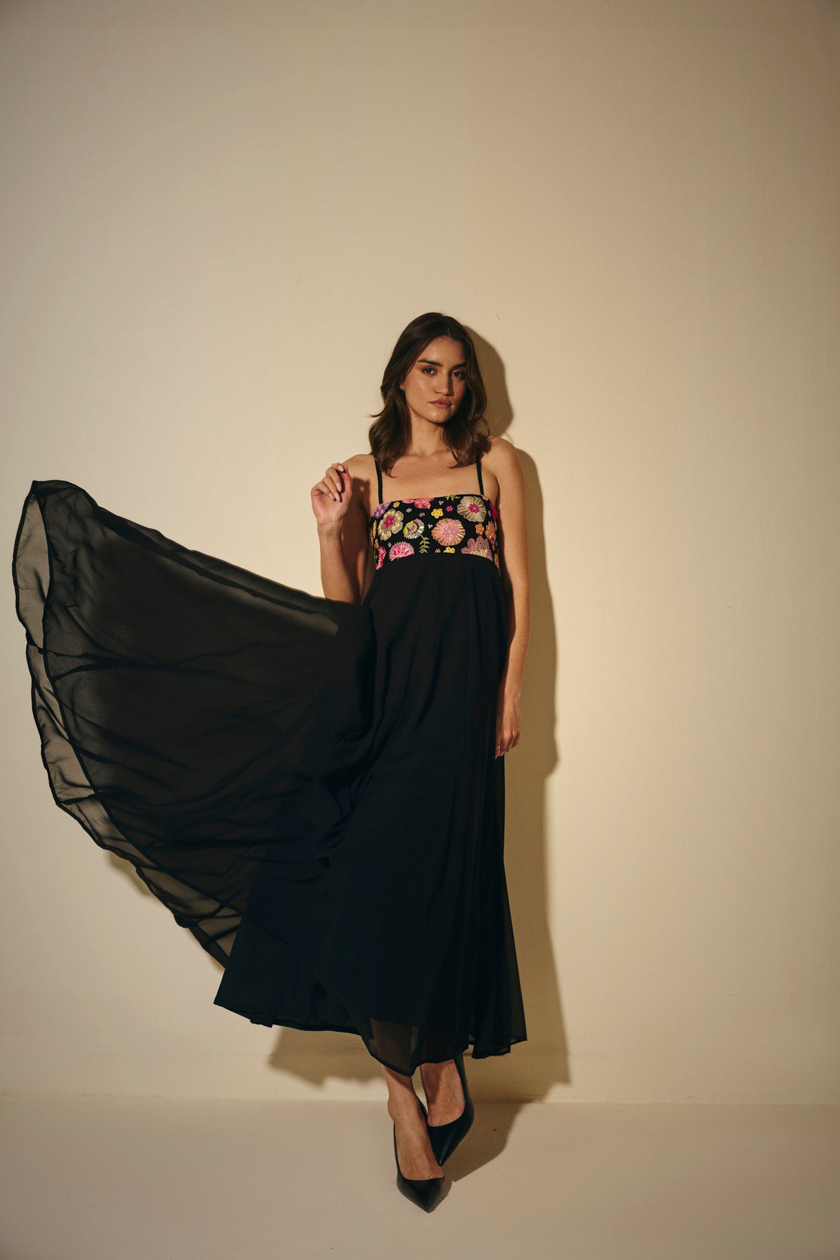 Black Embroidered Georgette Maxi Dress