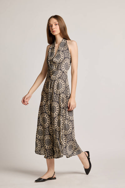 Mandala Black Printed Halter Neck Dress
