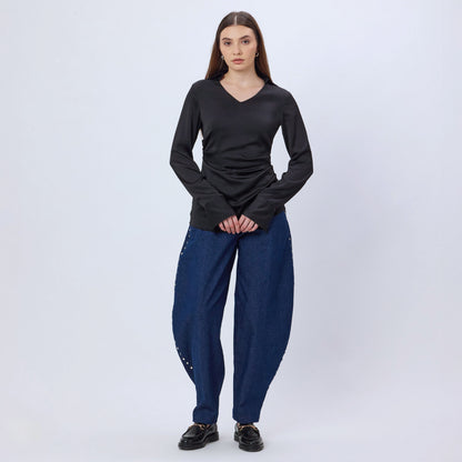 BLACK SATIN COLLARED TOP