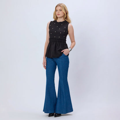 BLACK STUDDED PEPLUM TOP