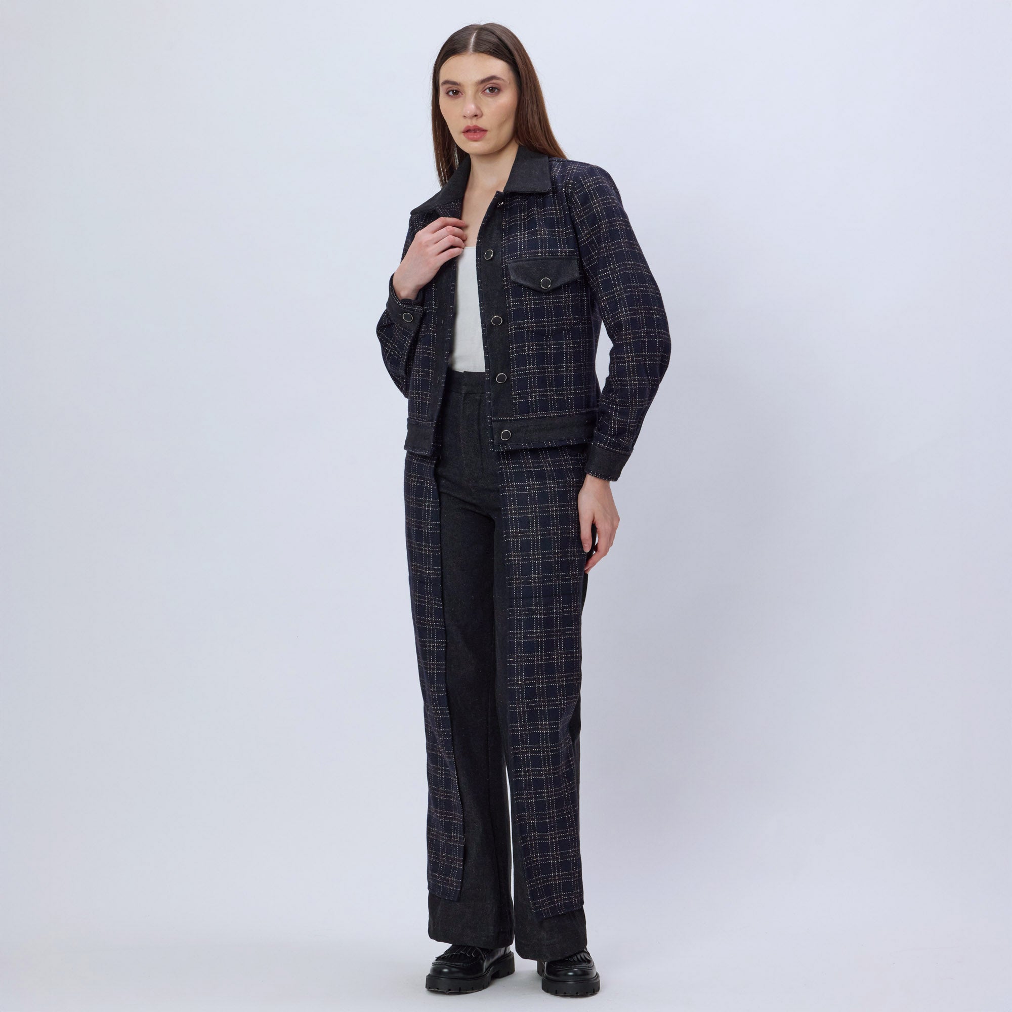 DENIM AND CHECKS TWEED JACKET