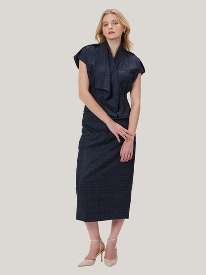 BLUE CHECKED WOOL TWEED TOP