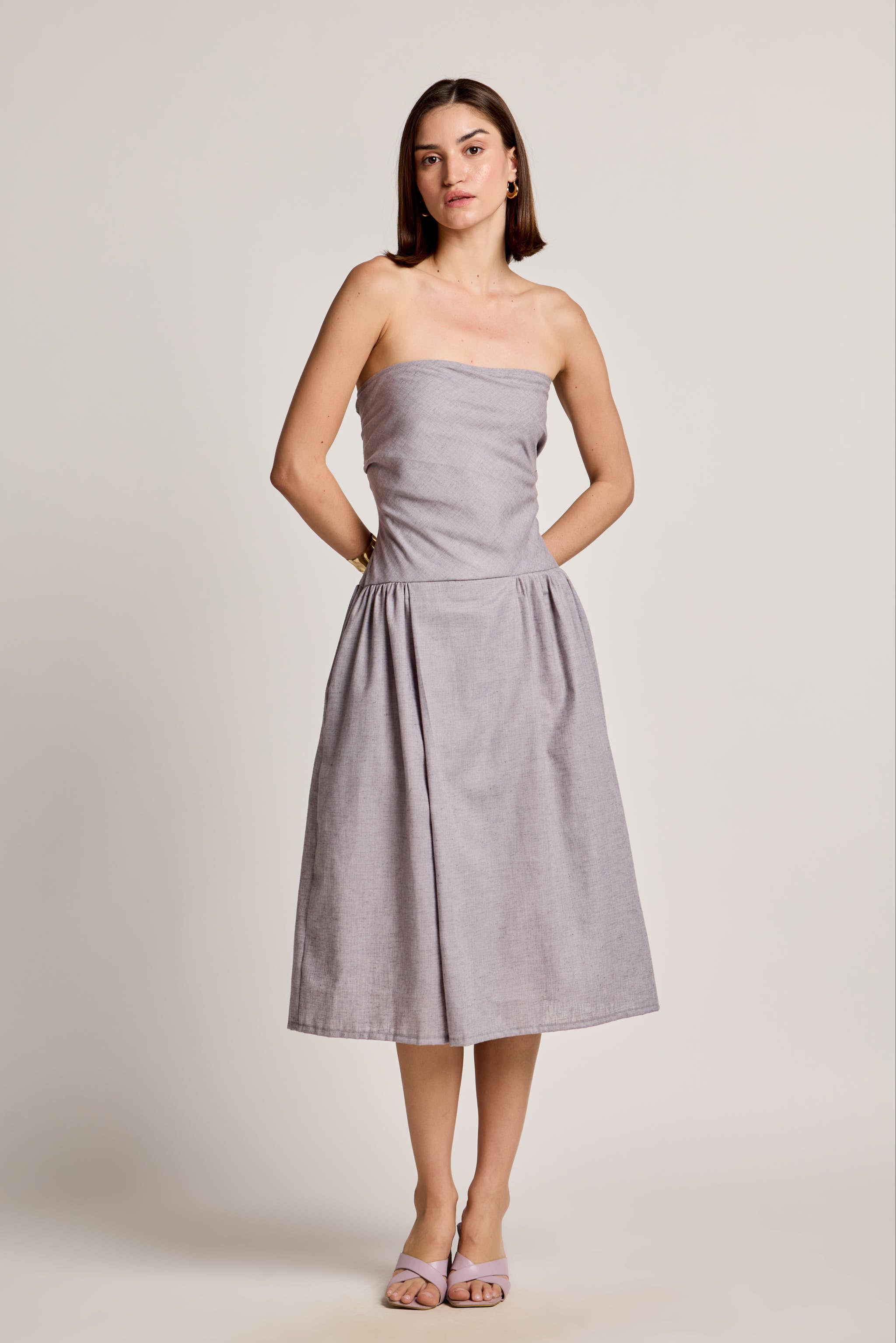 Light Grey Off-Shoulder Cotton Linen Midi Dress