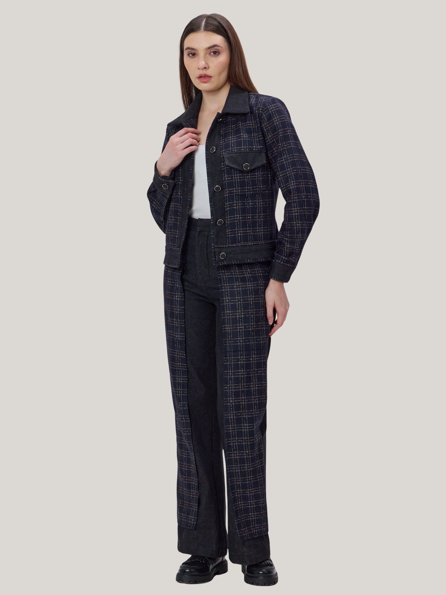 DENIM AND CHECKS TWEED JACKET