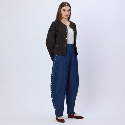 DARK BLUE STUDDED BARREL LEG JEANS