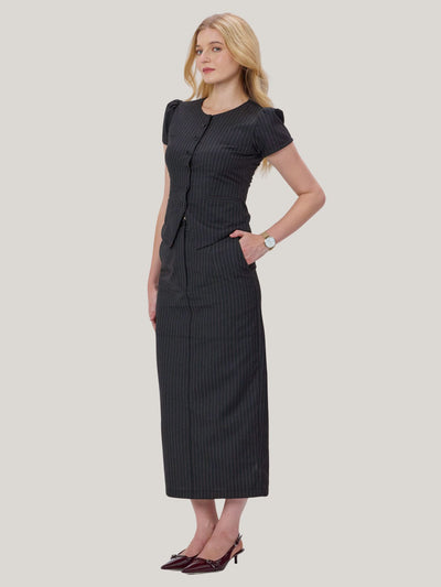 PINK AND GREY PINSTRIPE MIDI SKIRT