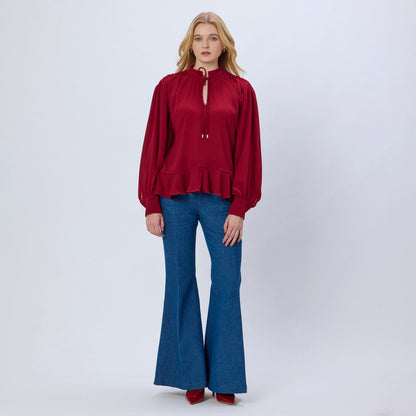 MAROON CHIFFON TIE-NECK TOP