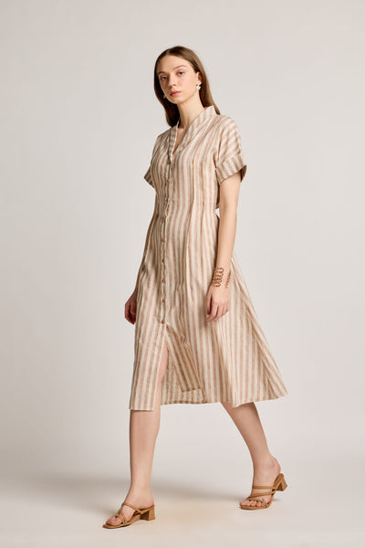 Beige and White Striped Linen Dress