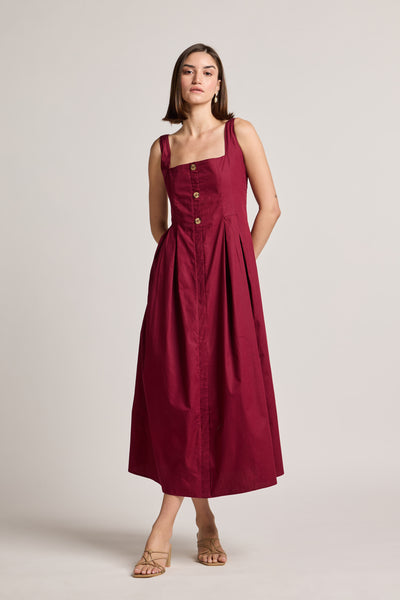 Maroon 100% Cotton Cinched Waist Dress