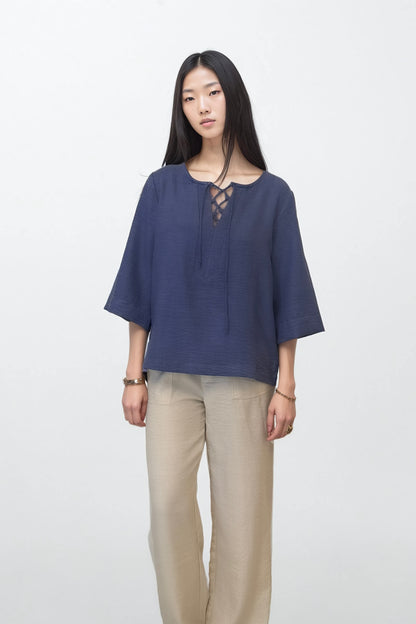 Blue Cotton Linen Drawstring Top