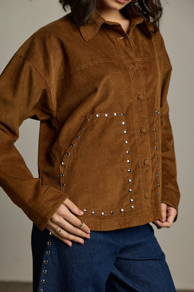 Brown Corduroy Studded Oversized Shacket