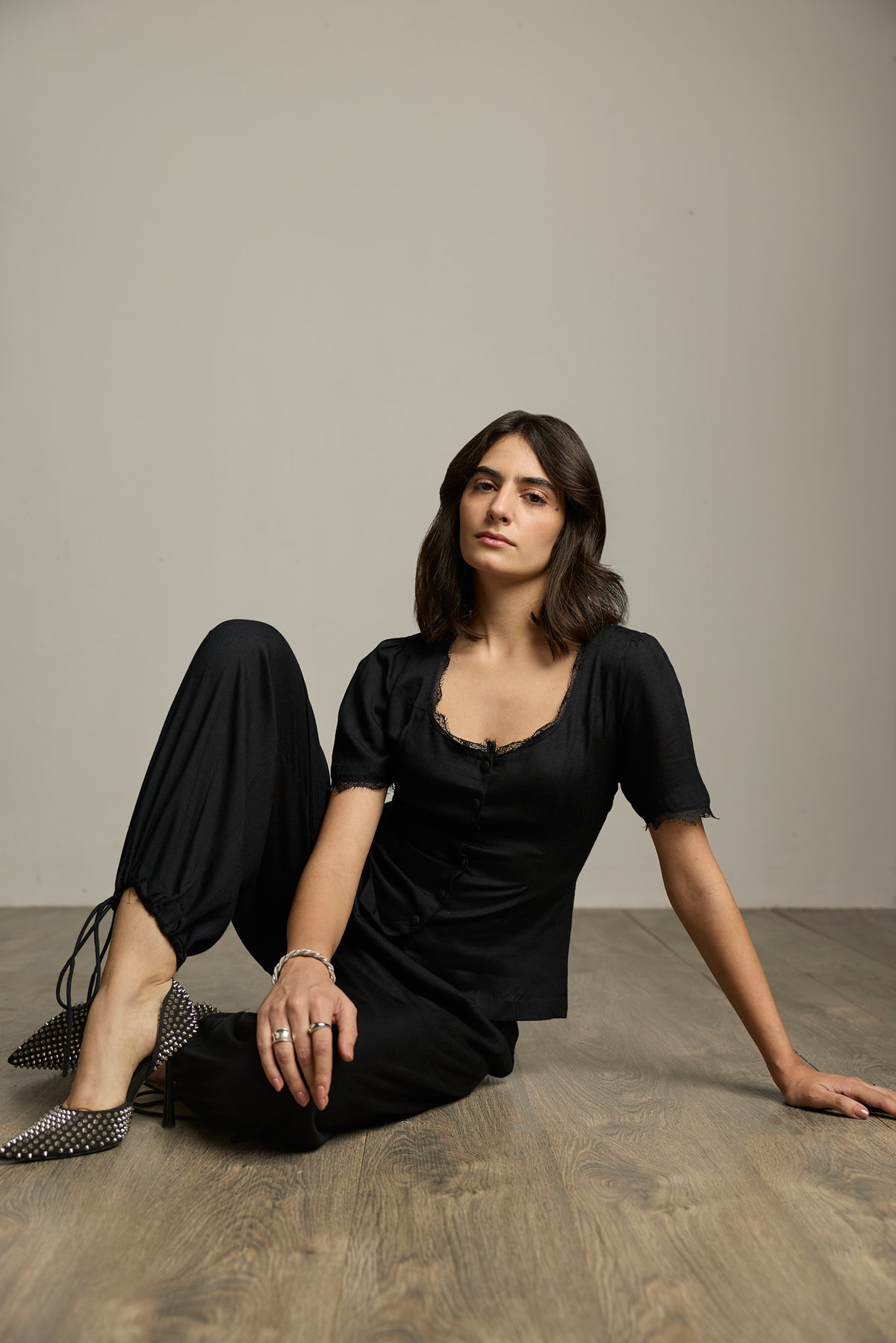 Black Viscose Rayon Drawstring-Hem Barrel-Leg Trousers