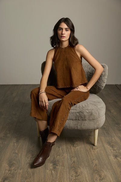 Brown Cotton Corduroy Studded Barrel-Leg Trousers