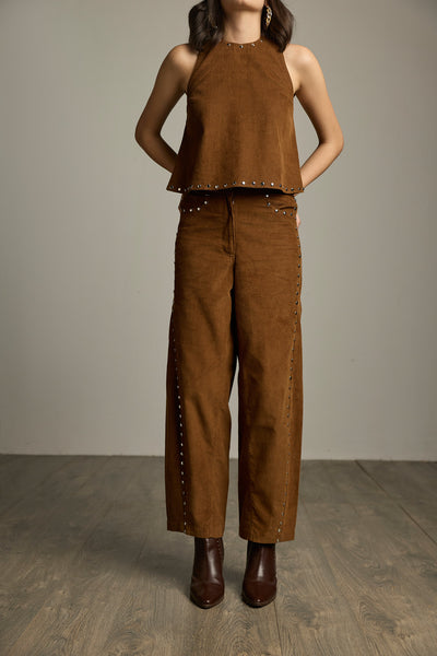 Brown Cotton Corduroy Studded Barrel-Leg Trousers